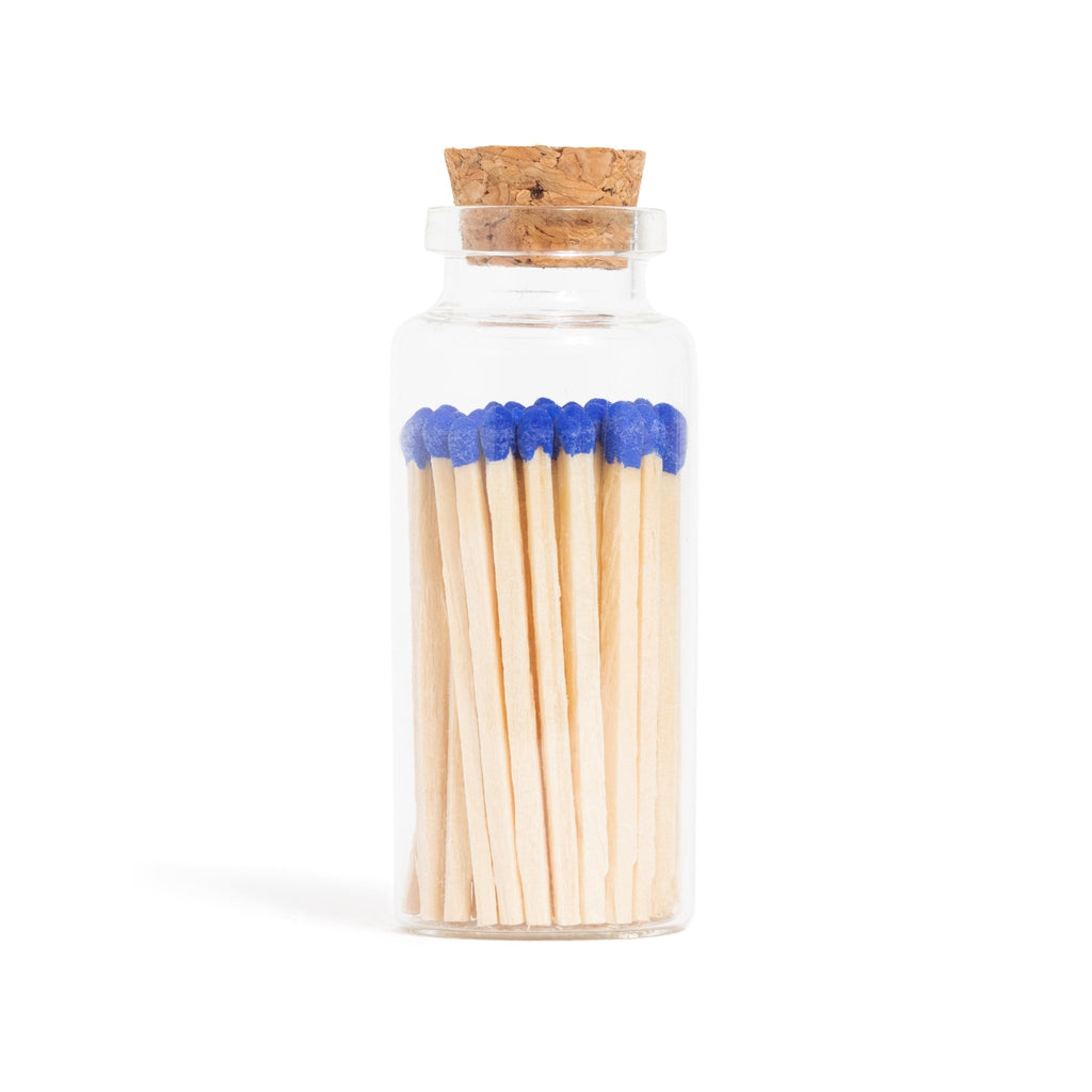 royal blue color tip wood matches in corked jar with match striker