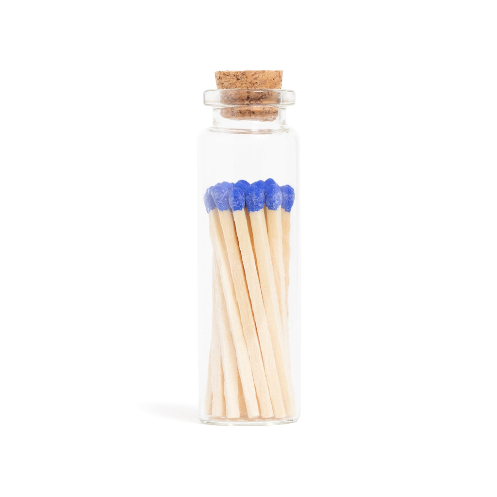 royal blue color tip wood matches in corked jar with match striker