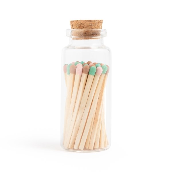 spumoni green brown and pink color tip wood matches in corked jar with match striker